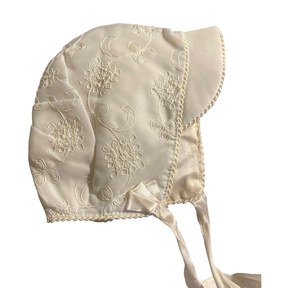 Vintage Ivory Satin Baby Bonnet Whitework Floral Embroidery Scalloped Trim
